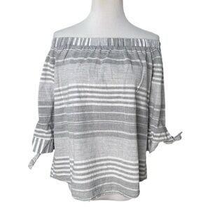 TALORI Grey and White Stripes 3/4 Sleeve Cotton Off-Shoulder Top